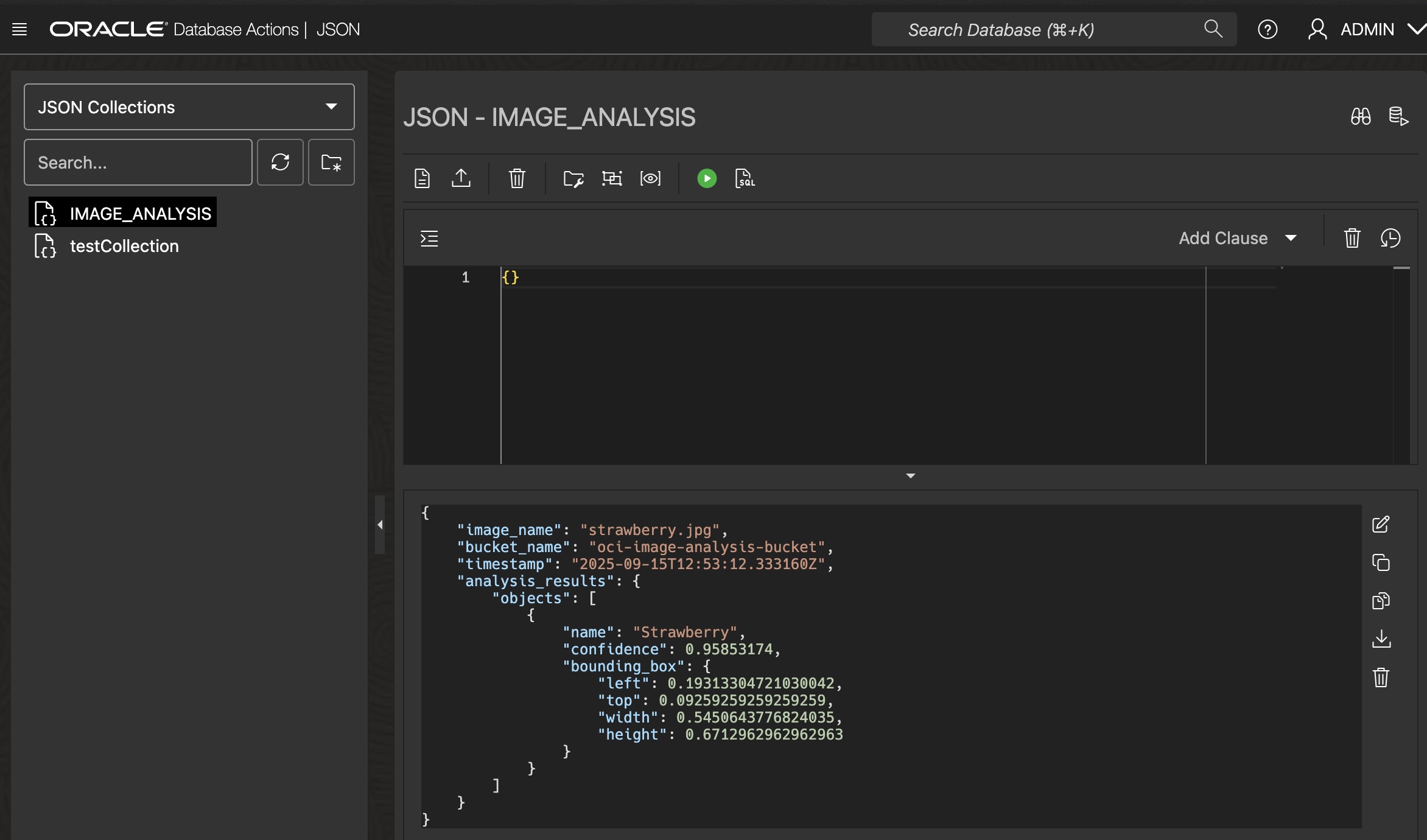 Autonomous JSON Database with IMAGE_ANALYSIS table and JSON document